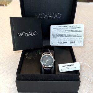 MOVADO Women's Museum Classic Watch – Black Dial, Leather Band, NEW Never Used